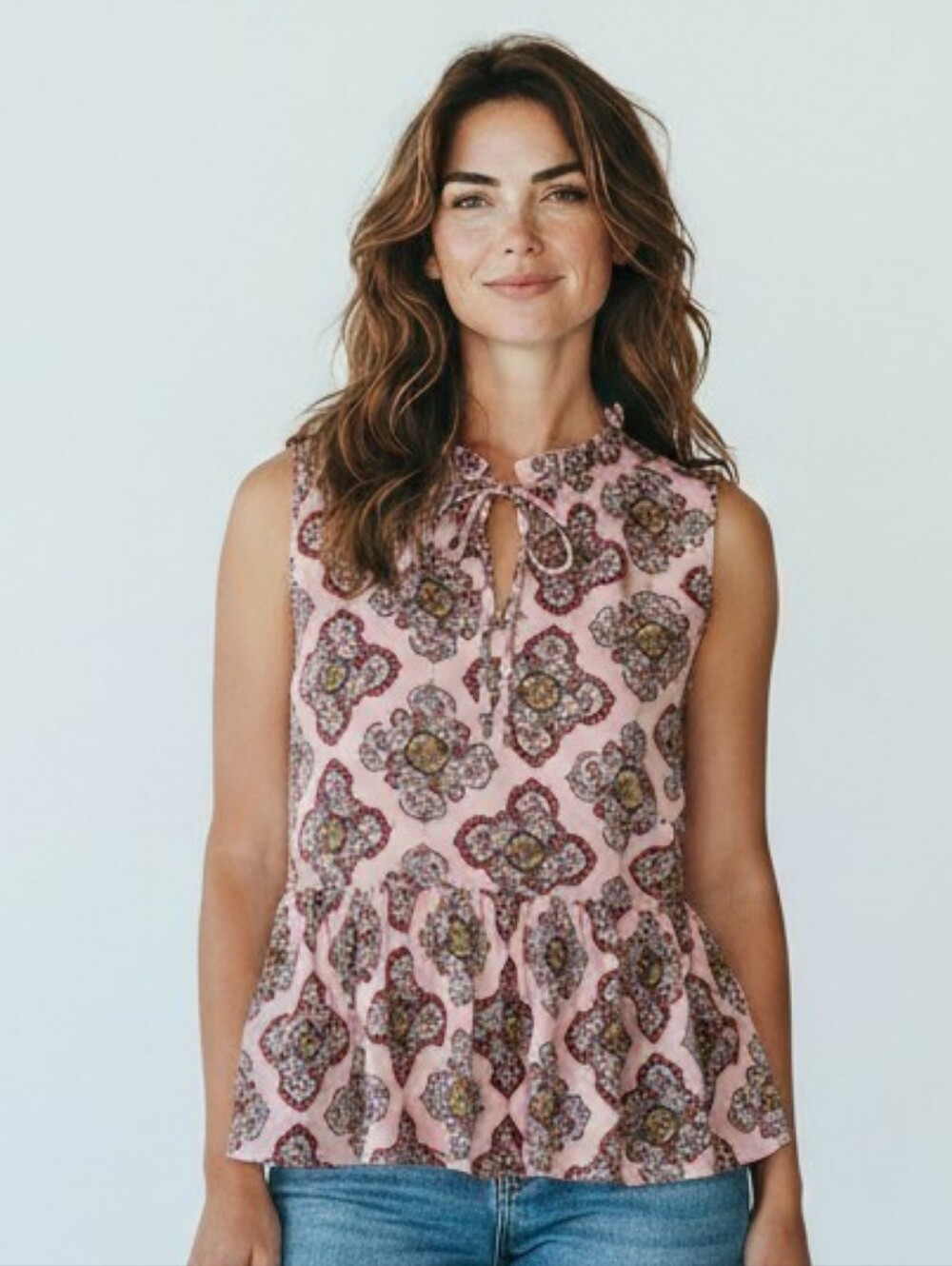 LOFT Outlet Paisley Print Ruffle Peplum Blouse Pink Medium